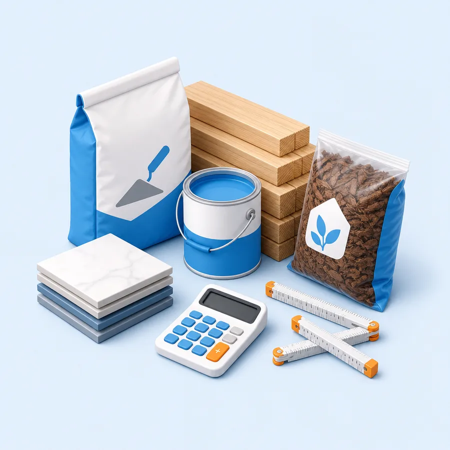 DIY building materials — concrete, lumber, paint and tile — beside a calculator and folding ruler